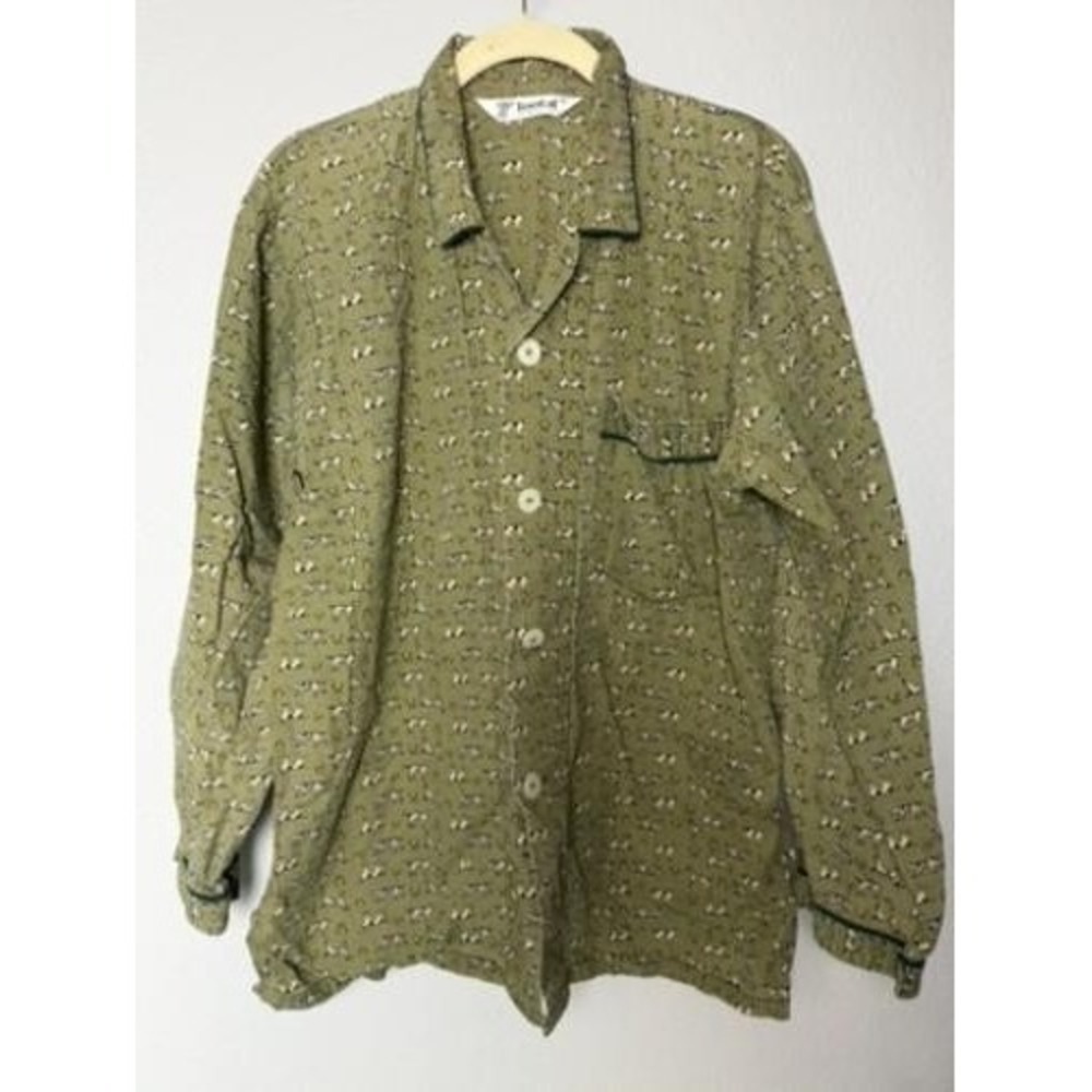 Tootal England Pajama Top Button-Down Shirt Large Green Cotton Casual Dog Print